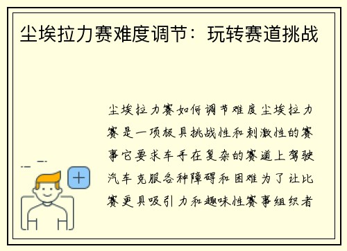 尘埃拉力赛难度调节：玩转赛道挑战