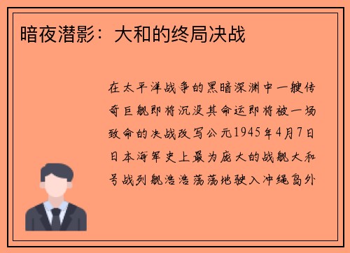 暗夜潜影：大和的终局决战
